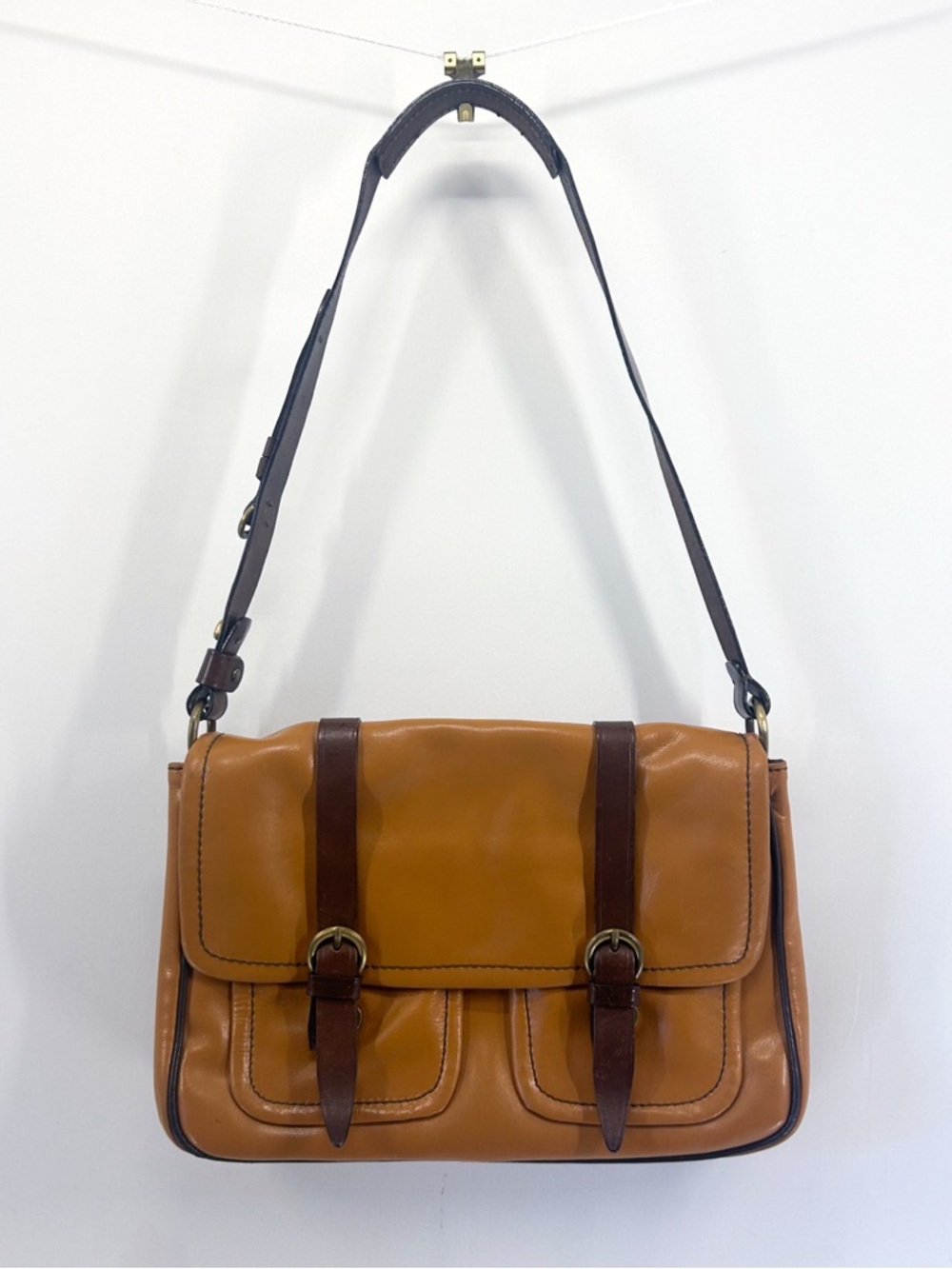 FRANCESCO BIASIA Vintage Cognac & Brown Leather Messenger Shoulder Bag Satchel